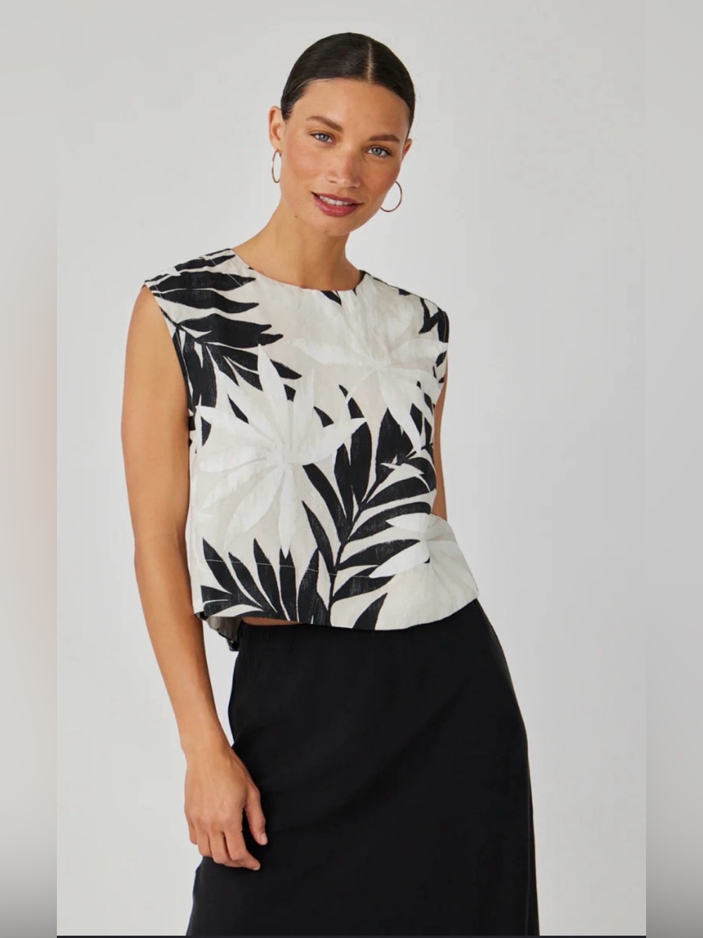Bella Dahl Black and White Tropical Leaf Sleeveless Tank